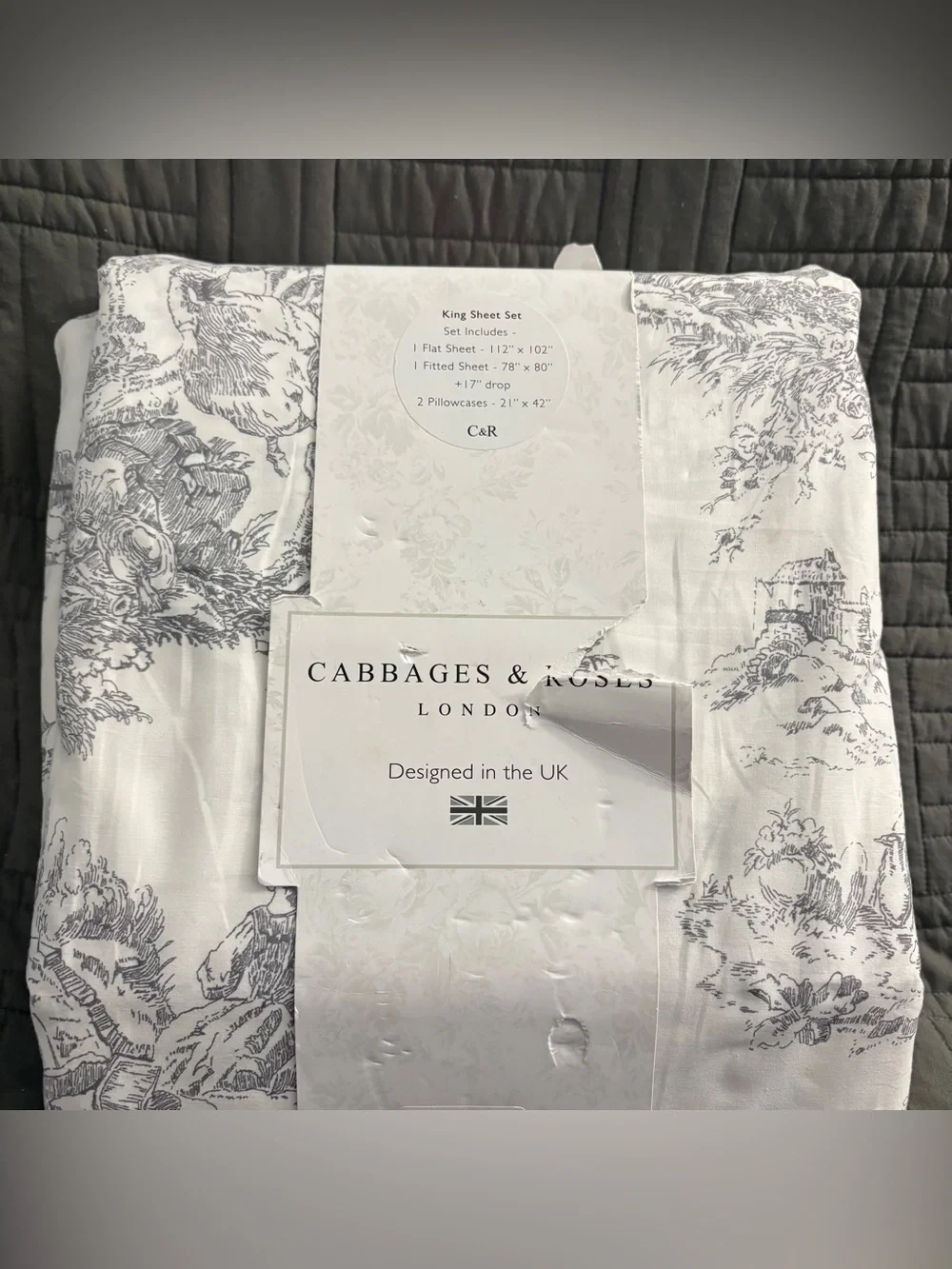 Cabbages & Roses LONDON Country Toile Slate Grey 4-Piece King Sheet Set NEW